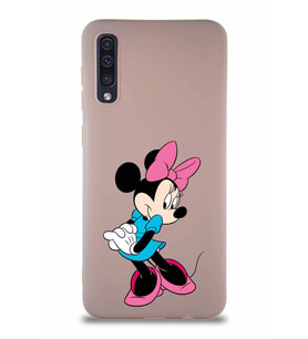 Samsung Galaxy A50S Soft Premier Kapak Minnie Mouse-F Tasarımlı Silikon Kılıf - Pudra (Şeffaf)