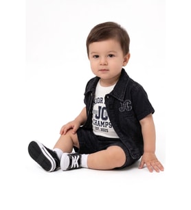 Erkek Bebek Siyah Beyaz Mavi Kot Ceketli Şortlu 3'lü Takım