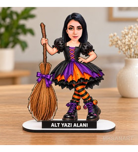 Kişiye Özel Fotoğraflı Cadılar Bayramı Karikatür MDF Karikatürlü 18 cm MDF Masaüstü Biblo - Masaüstü Hediye Kadın