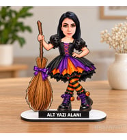 Kişiye Özel Fotoğraflı Cadılar Bayramı Karikatür MDF Karikatürlü 18 cm MDF Masaüstü Biblo - Masaüstü Hediye Kadın