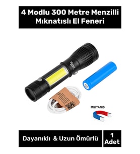 Premium Seri 4 Modlu Şarjlı Beyaz Işık Yüksek Kaliteli 300 Metre Menzilli Mıknatıslı El Feneri