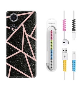 Huawei Nova Y70 Y90 Nova 9 SE  Kılıf Kablo Koruma Spiral Silikon Pembe Şeritli Mermer 1312