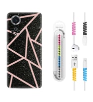 Huawei Nova Y70 Y90 Nova 9 SE  Kılıf Kablo Koruma Spiral Silikon Pembe Şeritli Mermer 1312
