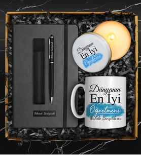 Öğretmenler Gününe Özel Kişiye Özel Kupa & Kişiye Özel Defter & Deri Kılıflı Touch Pen Kalem & Özel Tasarım Mum Hediye Seti