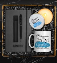 Öğretmenler Gününe Özel Kişiye Özel Kupa & Kişiye Özel Defter & Deri Kılıflı Touch Pen Kalem & Özel Tasarım Mum Hediye Seti