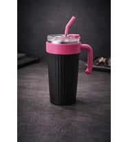 1000 Ml Kulplu Pipetli Çelik Termos Mug Vakumlu Isı Yalıtımlı Büyük Boy Sızdırmaz Bardak (Ekru-Siyah)
