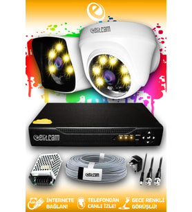 ELITCAM 2 Kameralı Kare 1 İç Kamera Set HDD'siz Full HD Renkli Gece Görüşlü Güvenlik Kamerası Sistemi