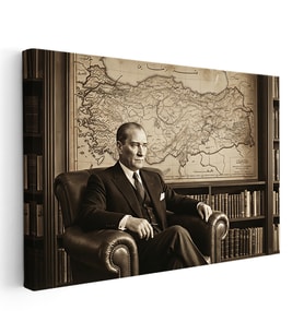 Yatay Kanvas Tablo Kütüphanede Atatürk ve Türkiye Haritası Ev Ofis Duvar Dekoru