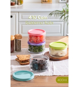 Porsima Lapis 4lü Hava Geçirmez Cam Kavanoz Kahvaltılık Seti Renkli Kapaklı Saklama Kabı 400ml