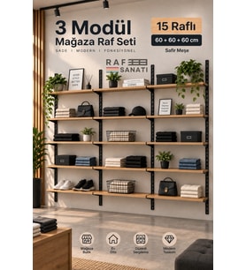 3 Modül 15 Raflı Konik Dikme Mağaza Raf Sistemi 60x30 cm Safir Meşe Suntalam Duvar Rafı