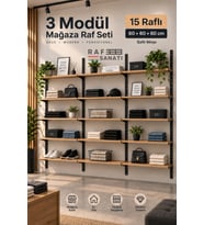 3 Modül 15 Raflı Konik Dikme Mağaza Raf Sistemi 60x30 cm Safir Meşe Suntalam Duvar Rafı