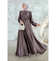 Liza Kuşaklı Saten Elbise - Bakır