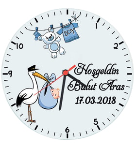 Biresimden Hoş geldin Erkek Bebek Hediyesi İsim ve Tarihli Cam Duvar Saati