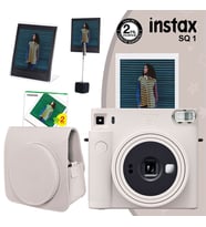 Instax SQ1 Beyaz Fotoğraf Makinesi 20li Kare Film Deri Kılıf Pleksi Çerçeve ve Kıskaçlı Stand