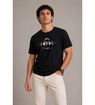Erkek Siyah Müzik Temalı Baskılı Bisiklet Yaka %100 Pamuk Yazlık T-Shirt