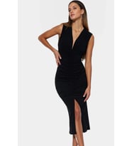Şık Bodycon V Yaka Örme Midi Elbise Polyester Elastan Kumaştan Gündüz Ve Gece Rahat Kullanım (Siyah)