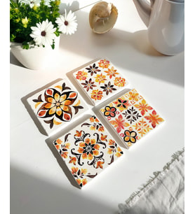 Çiçek Desenli Doğal Taş Bardak Altlığı - 4'lü Set
