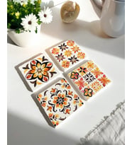 Çiçek Desenli Doğal Taş Bardak Altlığı - 4'lü Set