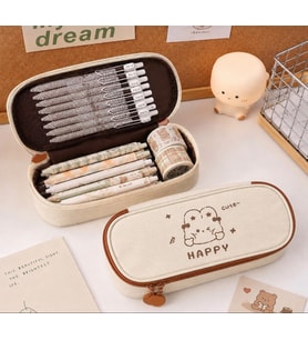 Kawaii Happy Rabbit Tavşan Kanvas Çok Bölmeli Kalem Kutusu – Geniş Kapasiteli Fermuarlı Organizer Kalemlik