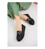 Beyaz (Shoes) Anatomik Tasarım Taşlı Toka Dokuma Oxford Kadın Ayakkabı SİYAH