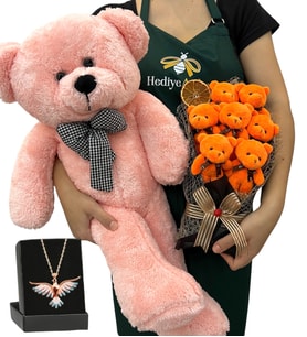 7'li Peluş Ayıcık Buketi, Renkli Anka Kuşu Kolye ve Pembe Peluş Ayıcık (Model 3)