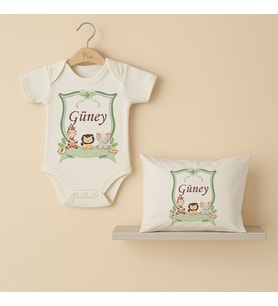 Pia Baby Premium %100 Pamuk İsme Özel Organik Baskılı Çıtçıtlı Bebek Body Ve Yastık Kılıfı 5060-19 (Ekru)