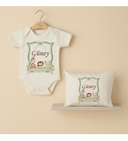 Pia Baby Premium %100 Pamuk İsme Özel Organik Baskılı Çıtçıtlı Bebek Body Ve Yastık Kılıfı 5060-19 (Ekru)