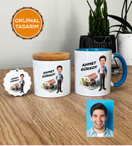 Kişiye Özel Karikatürlü Emlakçı Hediye Seti Kupa Bardak, Kalemlik, Anahtarlık Emlakçı Hediyeleri (Mavi)