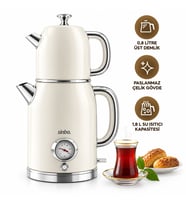KREM ELEKTRİKLİ CAM DEMLİKLİ PLASTİK RETRO ÇAY SETİ ÇAYCI DERECE GÖSTERGELİ 1600W 1.8LT - 1LT STM-5849 (5680)