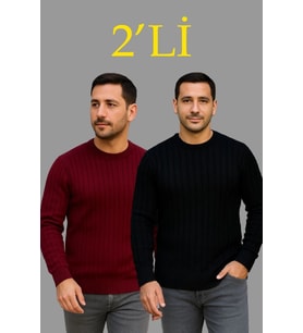 Erkek Fitilli Triko Kazak 2’li Set – Siyah - Bordo, Kalın Dokuma Pamuklu Regular Fit Bisiklet Yaka U