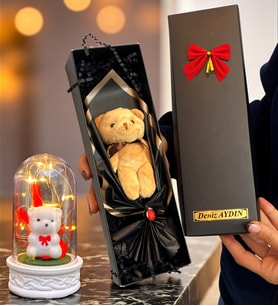 Size Özel İsimli Kutuda Kahve Peluş Ayıcık ve Led Işıklı Biblolu Fanus (Model 7)