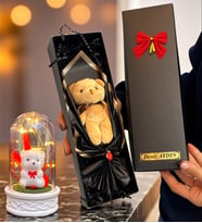 Size Özel İsimli Kutuda Kahve Peluş Ayıcık ve Led Işıklı Biblolu Fanus (Model 7)