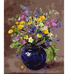 Mavi Vazodaki Çiçekler Sayılarla Boyama Seti 40x50 cm (Tuvale Gerili) - Womb Hobby