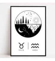 Kişiye Özel Burç Posteri, Çiftlere Özel Astroloji Hediyesi, Yıldızlardan Gelen Kişiye Özel Hediye, Siyah Çerçeveli Tablo, 21x30