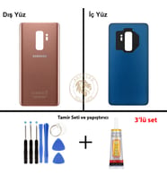 Samsung Galaxy S9 Plus Gold Renk Arka Kapak + Tamir Seti + B7000 Yapıştırıcı Arka Cam Batarya Kapağı Pil Kapağı Lazer Kesim Back Cover Galaxy S9 Plus Uyumlu