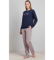 Bicomi %100 Pamuklu Uzun Kol Sweatshirt ve Ekose Pantolon Pijama Takımı (Lacivert)