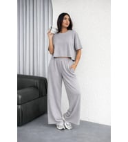 pilelistore- Osy Modal Yumuşak Dokulu Şalaş Oversize İkili Takım Bol Paça Pantolonlu Rahat Günlük Ta (Gri)