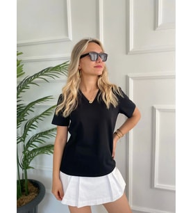 Kadın V Yaka Basic Tshirt Siyah