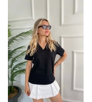 Kadın V Yaka Basic Tshirt Siyah
