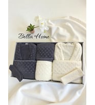 Bella Home 8 Parça Hasır Aile Bornoz Seti - Çeyiz Seti - %100 Pamuk - Orijinal Lüks Kutu (Antrasit - Krem)