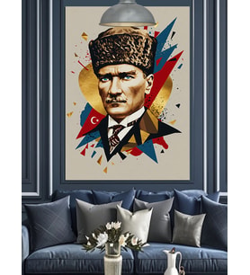 Geometrik Desenli Mustafa Kemal Atatürk Dekoratif Kanvas - Mdf Ahşap Tablo