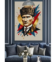 Geometrik Desenli Mustafa Kemal Atatürk Dekoratif Kanvas - Mdf Ahşap Tablo