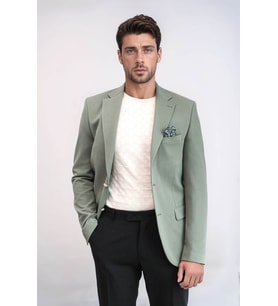 Haki Yeşil Kendinden Desenli Örme Altın Renk Metal Düğmeli Slim Fit Erkek Blazer Ceket - Wessi