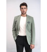 Haki Yeşil Kendinden Desenli Örme Altın Renk Metal Düğmeli Slim Fit Erkek Blazer Ceket - Wessi