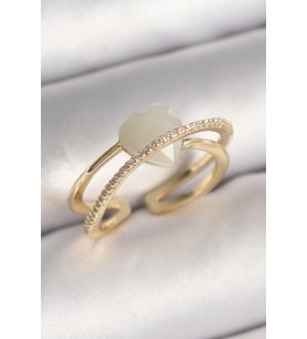 Pirinç Gold Renk Beyaz Kristal Kalp Model Zirkon Taş Detay Kadın Yüzük - TJ-BYK3644