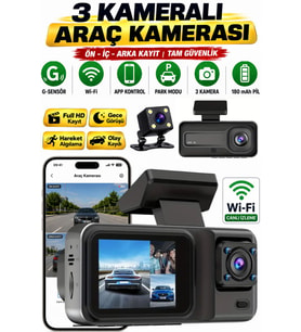 S38 WiFi 3 Kameralı Araç Kamerası Gece Görüşü G-Sensör Ön-arka-iç Araç içi Güvenlik Kamerası Dashcam