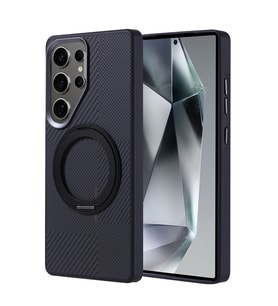 Samsung Galaxy S25 Ultra Uyumlu Kılıf M-safe Şarj Özellikli Karbon Fiber Görünümlü Zore Standlı Troy Kapak (Siyah)