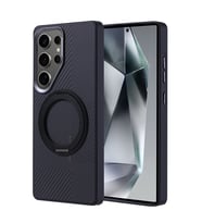 Samsung Galaxy S25 Ultra Uyumlu Kılıf M-safe Şarj Özellikli Karbon Fiber Görünümlü Zore Standlı Troy Kapak (Siyah)