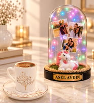 Kişiye Özel 3 Fotoğraflı Yazılı Renkli LED Unicornlu Fanus ve Hayat Ağacı Kahve Fincanı
