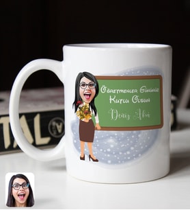 BK Gift Kişiye Özel Öğretmen Karikatürlü Beyaz Kupa Bardak-1